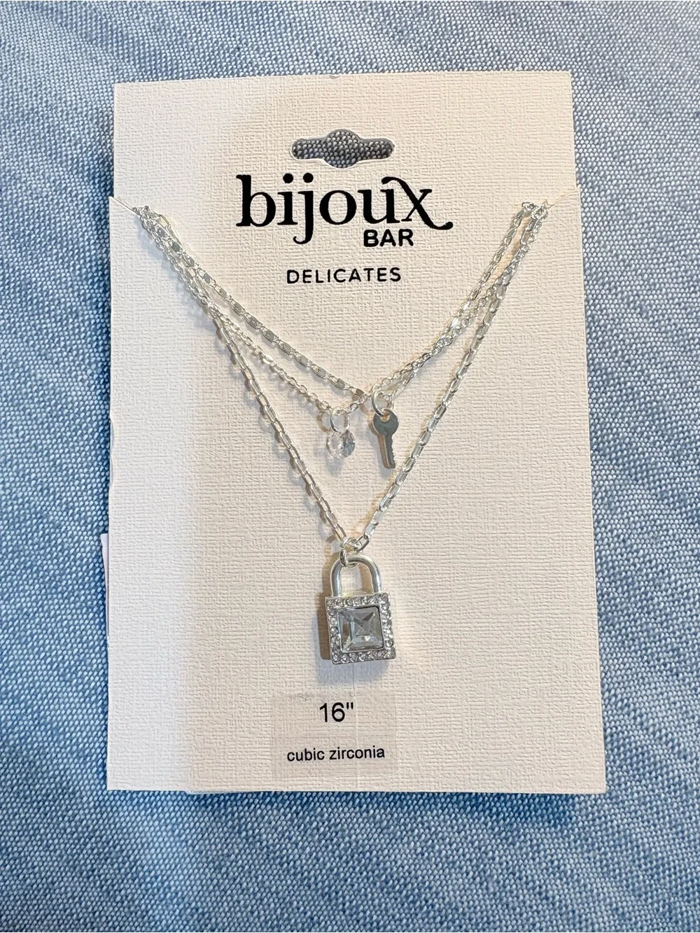Silver Layered Lock & Key Necklace with Cubic Zirconia